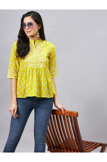 Women Lime Green Printed Top with 3/4 Sleeve