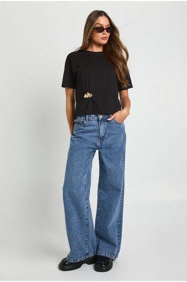 Oversized T-shirt With Gold Trim Detail - black
