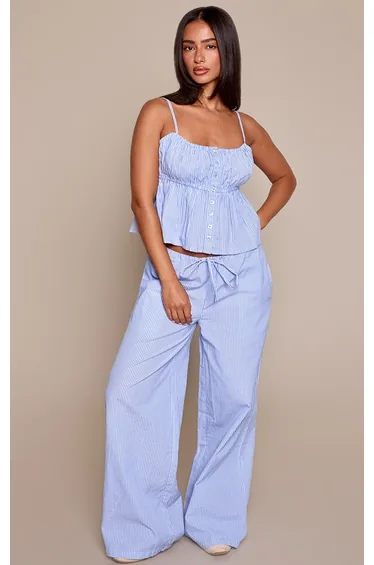 Petite Blue Pinstripe Cotton Elasticated Trousers