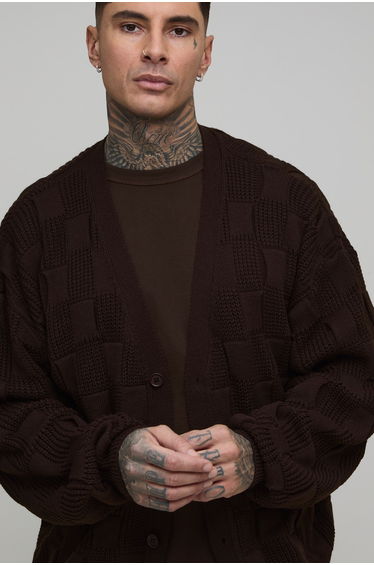 Tall Oversized Mixed Cable Knitted Cardigan - brown