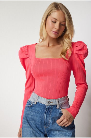 Pink Knitted Square Neck Blouse
