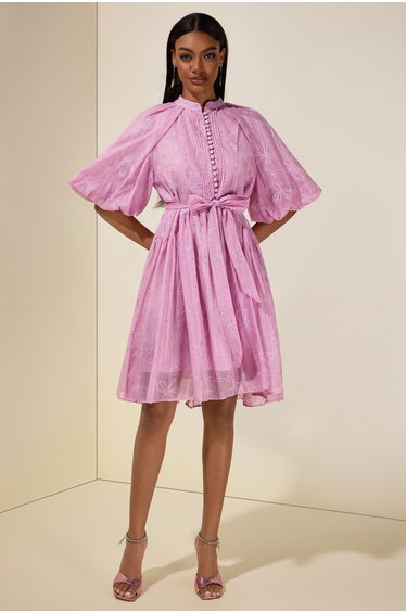 Embroidered Rhinestone Puff Sleeve Mini Dress