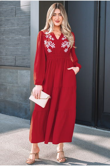Lvness Red Contrast Embroidered Detail Cinched Waist Tiered Long Sleeve Maxi Dress