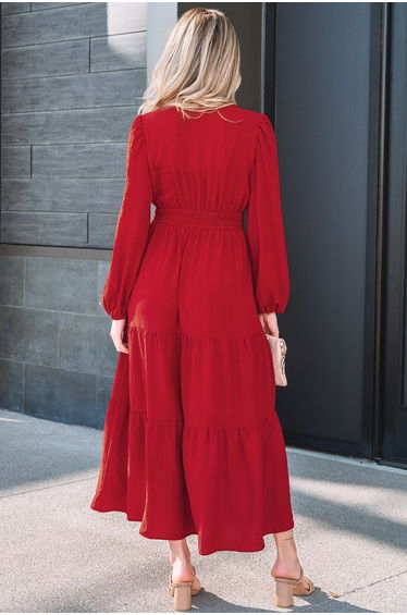 Lvness Red Contrast Embroidered Detail Cinched Waist Tiered Long Sleeve Maxi Dress product thumbnail 3
