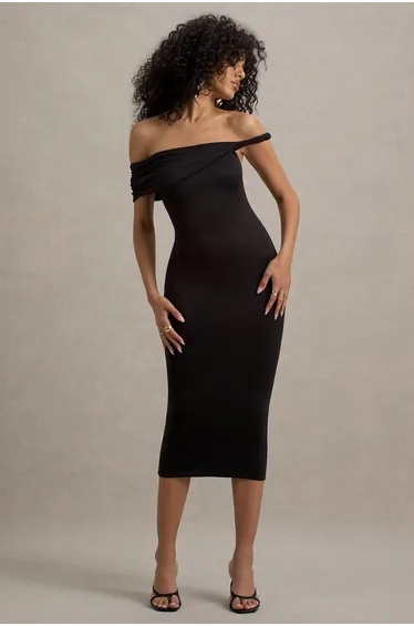 فستان ميدي بتصميم ملتف بأكتاف مكشوفة - أسود