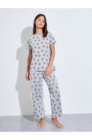 Grey Teddy Bear Print Cotton Blend T-Shirt and Pyjama Set
