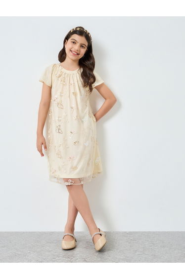 Girls Off-White Sequined Butterfly Dress