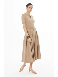 V-Neck Pleated Hem Long Beige Dress - 1