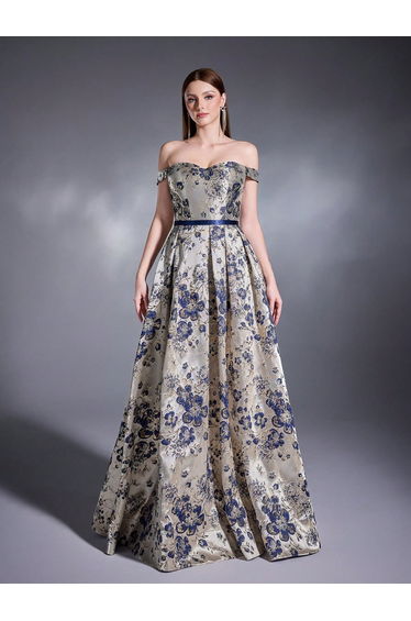 Leely Floral Brocade Off-the-Shoulder Evening Gown