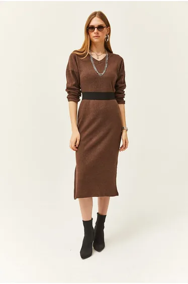 Olalook Brown Knitted Column Midi Dress with Long Sleeves