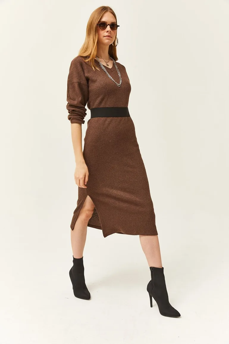 Olalook Brown Knitted Column Midi Dress with Long Sleeves - 1