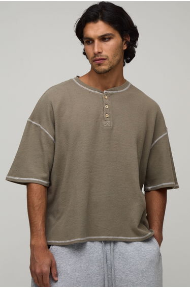 Oversized Boxy Acid Wash Waffle Henley T-Shirt - khaki