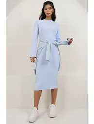 Women's Baby Blue Crew Neck Midi Length Knitted Dress - 2