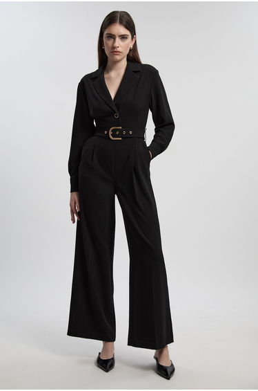 Petite Tailored Crepe Belted Wide Leg Jumpsuit
