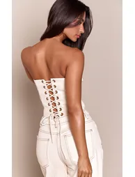 Petite Cream Lace Up Detail Woven Bandeau Corset Top - 2