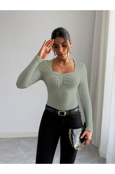Women Green Long Sleeve Ribbed Top