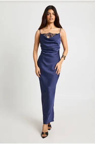 Satin Lace Cowl Neck Maxi Slip Dress - midnight