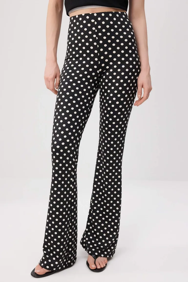 Black Polka Dot Wide Leg Regular Waist Long Stretch Knitted Trousers - 2