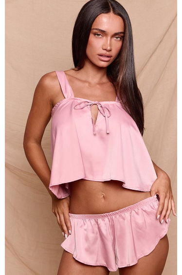 Dusty Pink Satin Lace Up Back And Waist Pyjama Set