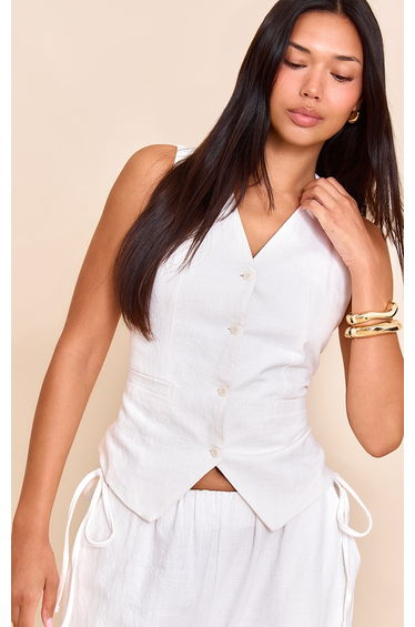White Premium Linen Blend V Neck Waistcoat