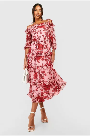 فستان بوهو زهري ميداكسي على شكل حرف A بلا أكتاف بطبعة أزهار - طويلات القامة