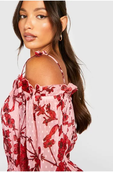 فستان بوهو زهري ميداكسي على شكل حرف A بلا أكتاف بطبعة أزهار - طويلات القامة