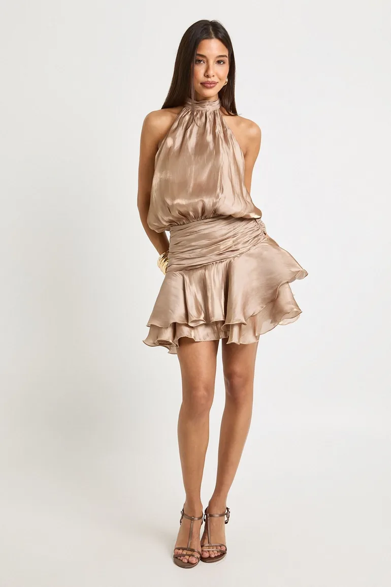 Textured Satin Ruched Frill Skirt Halterneck Mini Dress - champagne