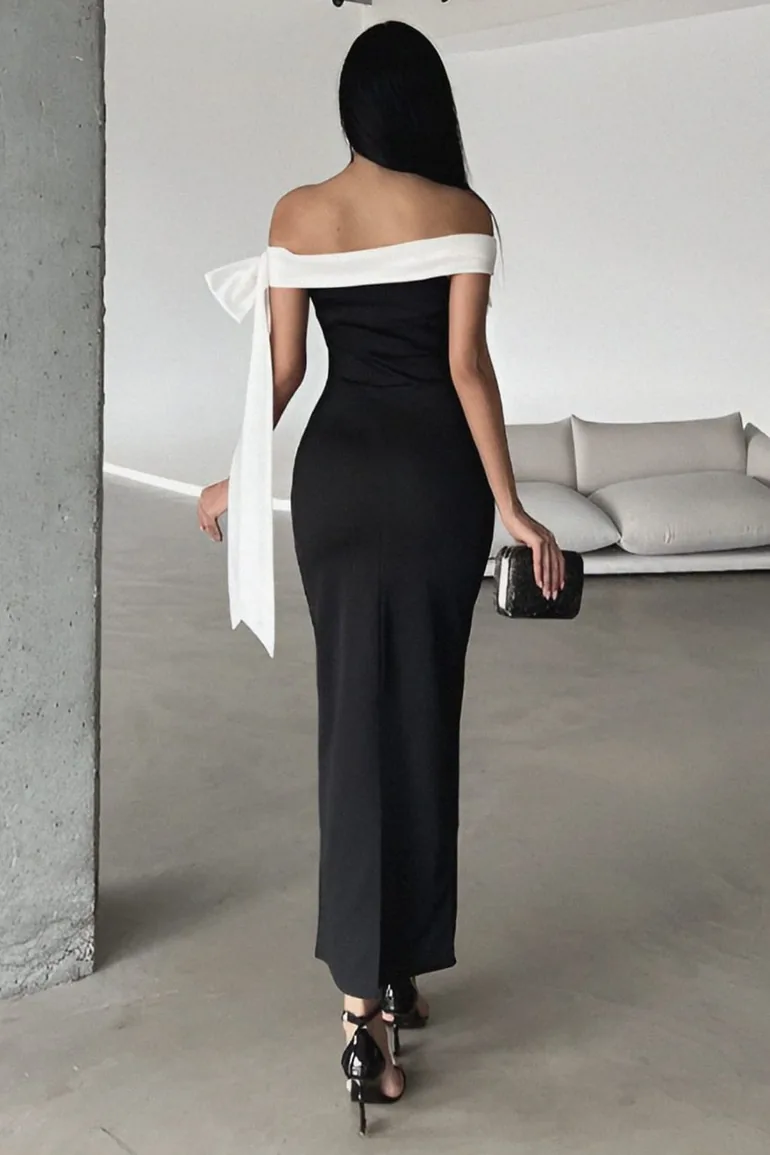 Black-White Body-Styling Shoulder Bow Detail Knitted Elegant Evening Night Graduation Dress - 3