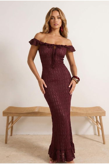Plum Knitted Maxi Ruffled Sheer Beach Dress