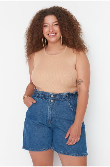 Plus Size Shorts & Bermuda - Blue - High Waist