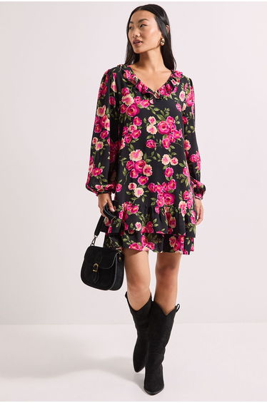 Petite Black Floral Collar Detail Blouson Sleeve Tiered Mini Dress