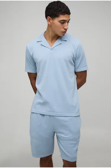 Slim Fit Waffle Revere Polo & Shorts Set - dusty blue