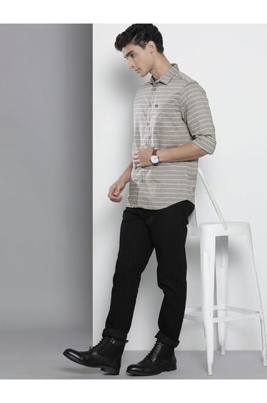 Men Olive Slim Fit Striped Shirt