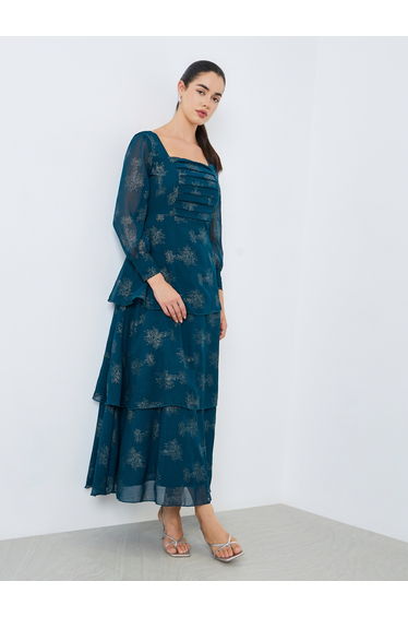 Women Teal Floral Print Tiered Maxi Dress