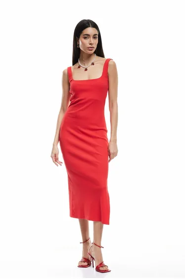 Women's Cotton Slit Detailed Slim Fit Square Neck Strappy Dress