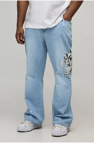 Plus Flared Printed Gusset Denim Jeans - ice blue