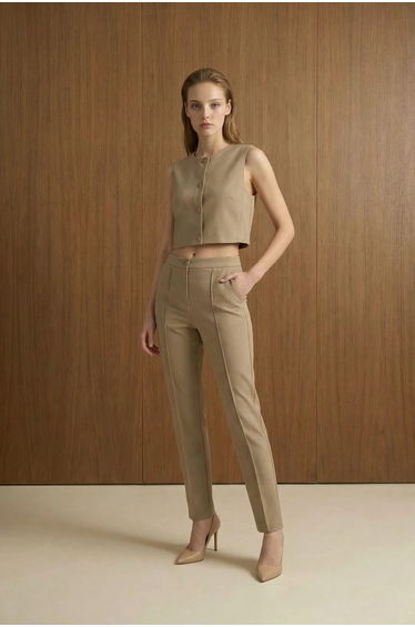MY FASHION Crew Neck Crop Vest & High Waist Pants Two-Piece Set