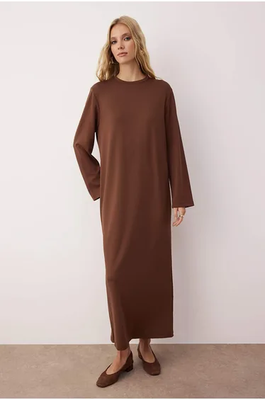 Dark Brown Unlined Plain Knit Interlock Dress