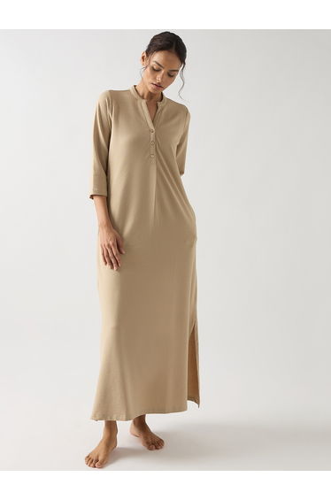 Beige Cotton Knit Maxi Dress with 3/4 Sleeves
