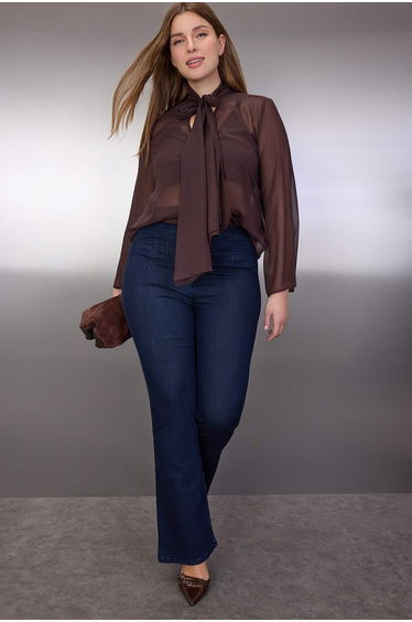 Brown Halter V-Neck Chiffon See-Through Woven Plus Size Blouse