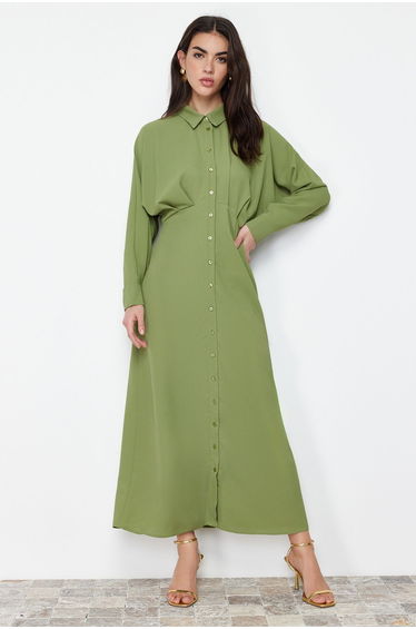 Trendyol Modest Green A-Line Maxi Shirt Dress