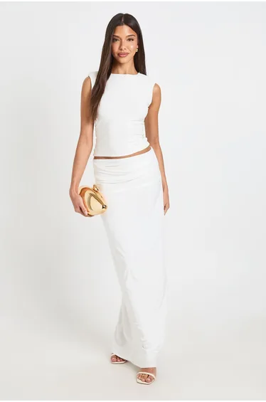 Double Layer Slinky Draped Maxi Skirt - ivory