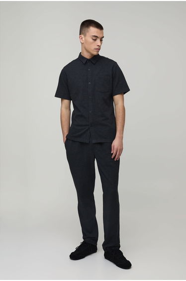 Slim Fit Short Sleeve Shirt and Tapered Trouser Set - charcoal