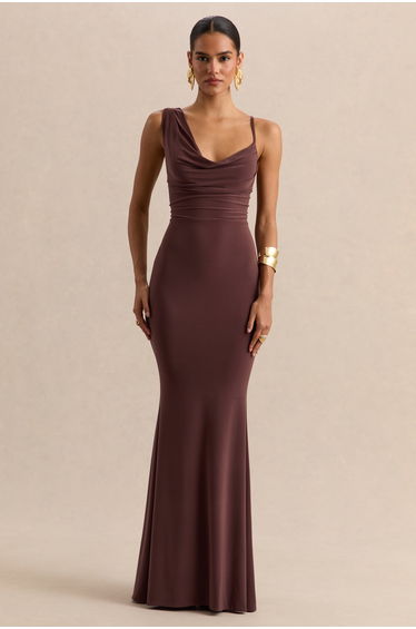 Armelia | Brown Cowl-Neck Maxi Dress With Scarf-Detail