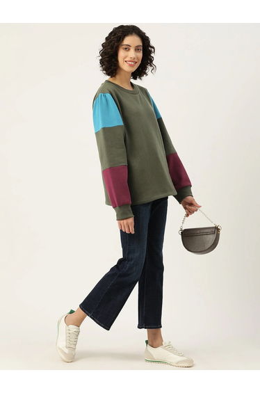 Women Olive Color Block Fleece Sweatshirt