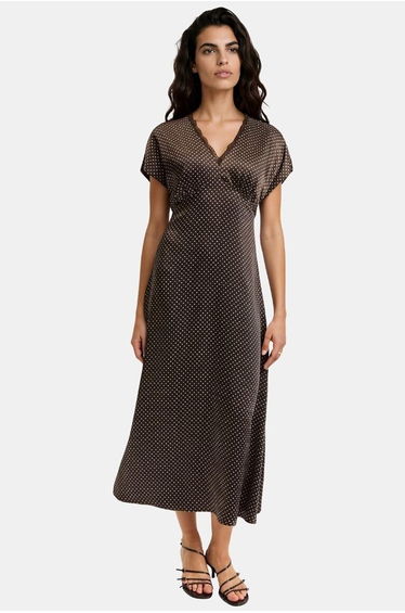 Satin Polka Dot Short Sleeve Maxi Dress
