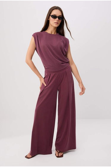 Plum Plain Low Sleeve Wide Leg Soft Premium Lyocell Content Knitted Bottom - Top Set