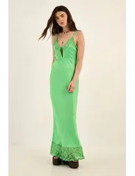 Hammered Satin Tie Front Lace Cutwork Maxi Dress - 3