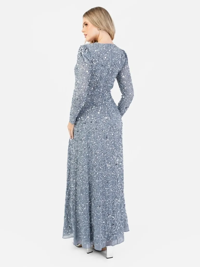 maya embellished long sleeve split maxi dress Maya Fully Embellished Dusty Blue Long Sleeve Split Maxi Dress Maya Deluxe  : Premium Dresses : VogaCloset United Arab Emirates