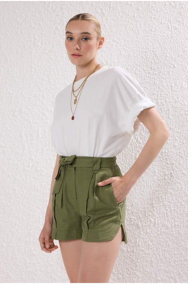 Light Khaki Linen Look Belted Shorts & Bermuda